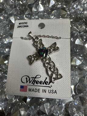 Mystic Zirconia Silver Celtic Cross Necklace NEW